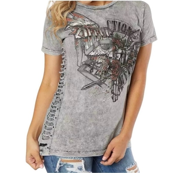Affliction Roadie Split T Shirt Women's Size Small with Tieup Back. Fun Flirty - Picture 6 of 11